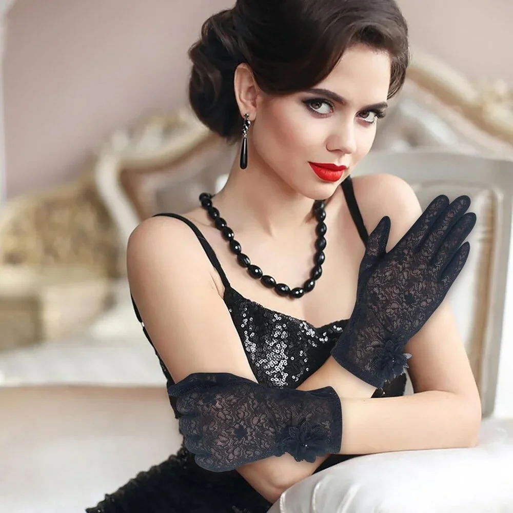 Women's Floral Black Short Lace Gloves Wedding Halloween Cosplay Party Prom